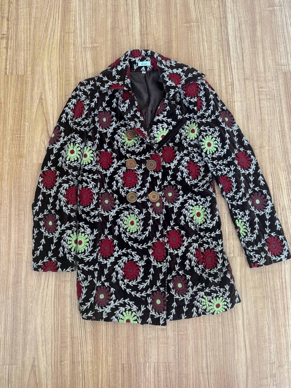 Floral Embroidered Velvet Pea Coat
